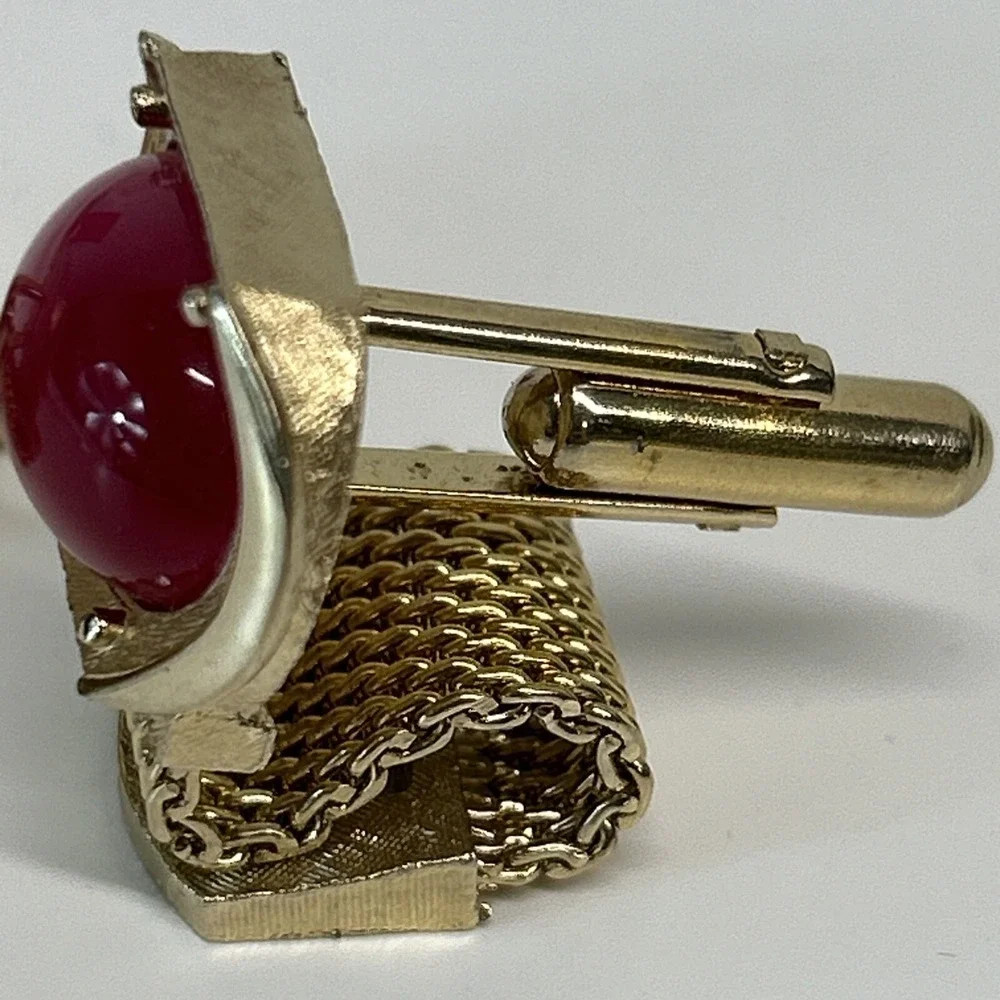 Swank Pink Moonglow & Gold Tone Cuff Links Signed Vintage Oval Gem Clasp Stamped